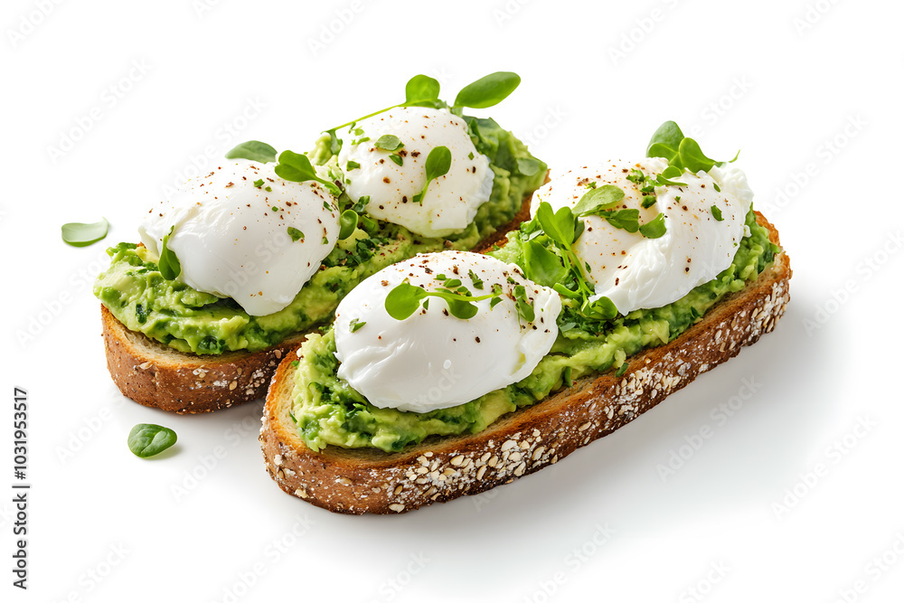 Healthy avocado toast with poached eggs isolated on white background Healthy avocado toast with poached eggs isolated on white background