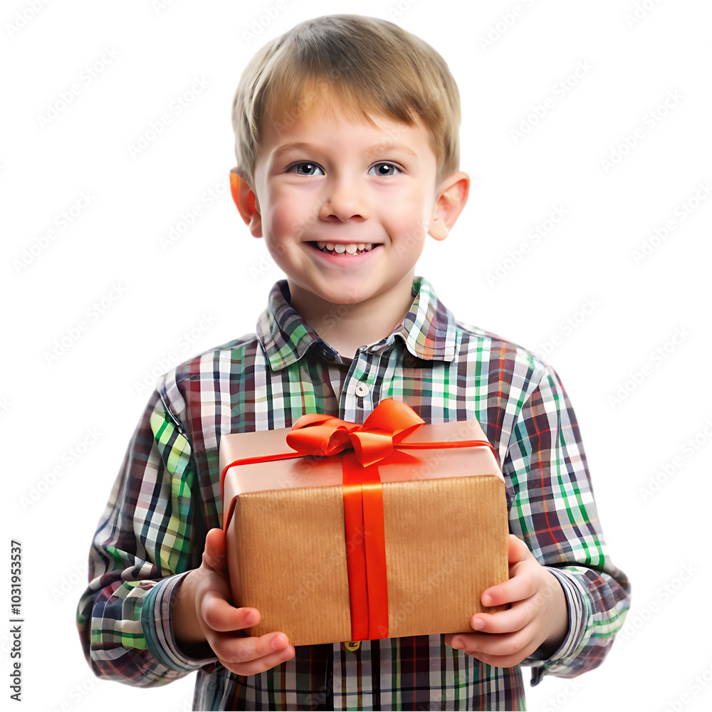 Happy child in red sweater and Santa hat holding Christmas present Happy child in red sweater and Santa hat holding Christmas present