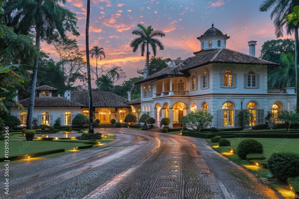 Fototapeta premium Majestic colonial mansion with elegant arches and warm lighting situated amidst lush tropical gardens and palm trees at sunset
