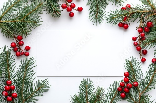 Festive arrangement of pine branches, berries, and pinecones with a blank card for holiday messages