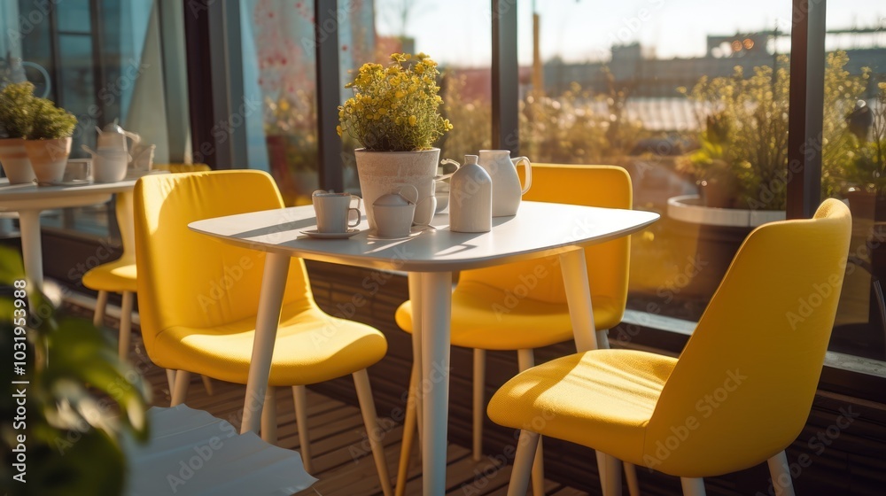 Yellow Chairs Table and Coffee Outside