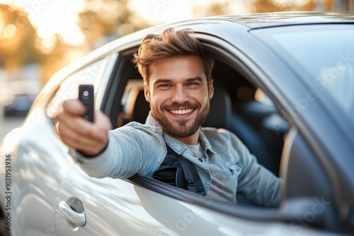 Happy man sitting inside new car and showing automatic key at camera, male having car ride or test-drive, selective focus, Generative AI