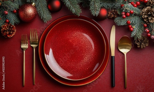 Elegant festive table setting with red plate and golden cutlery on a rich red...