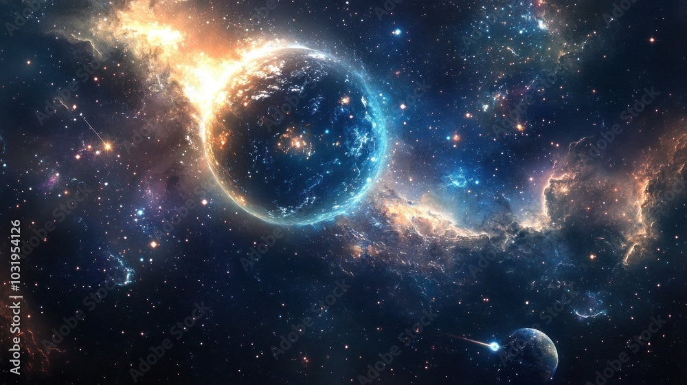 Stunning Cosmic Scene with Glowing Planet in Space Stunning Cosmic Scene with Glowing Planet in Space