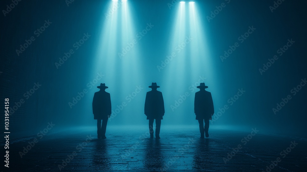 Three men wearing hats are walking in the dark Three men wearing hats are walking in the dark