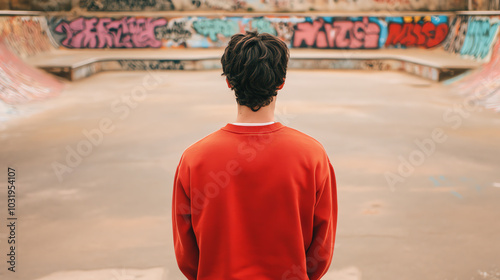 A young person in a red sweater stands with their back to a vibrant graffiti-covered skate park, contemplating their surroundings. photo