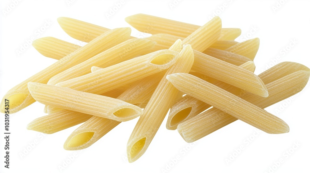 Uncooked Italian penne rigate pasta, isolated on a white background with a clipping path. The pasta is in full depth of field, providing a clear and detailed view of its shape and texture. 