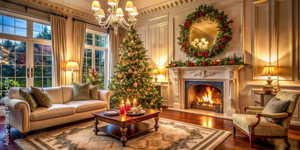 Luxury Christmas Living Room with White Fireplace, Cozy Decor, and Festive Atmosphere in Elegant Mansion Interior Design Luxury Christmas Living Room with White Fireplace, Cozy Decor, and Festive Atmosphere in Elegant Mansion Interior Design