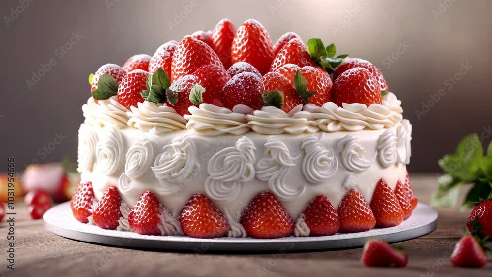 A delicious strawberry cake, frosted with white swirls and decorated with fresh berries, sits on a table