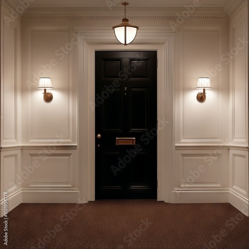 A well-lit corridor featuring an elegant black door and wall sconces.