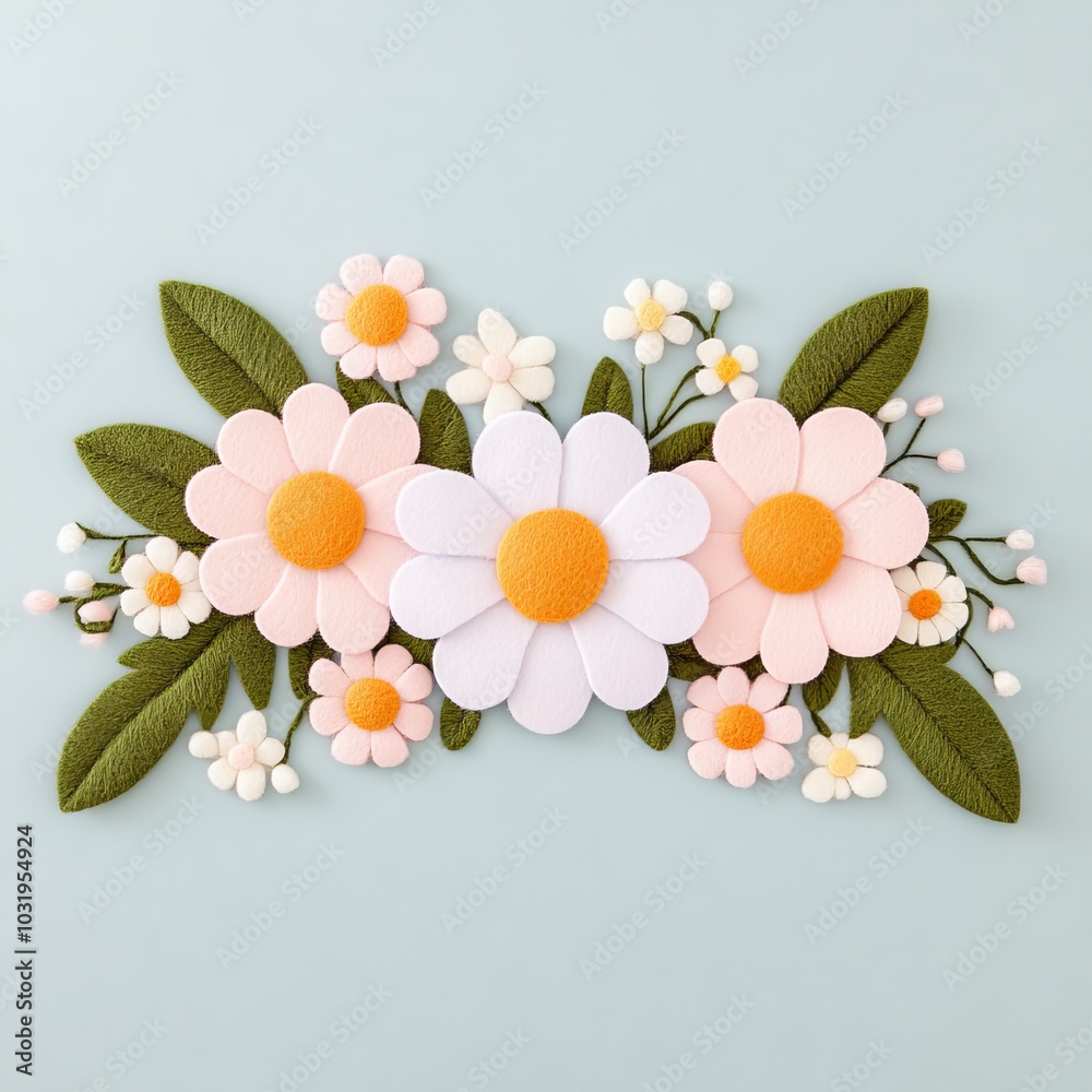 Obraz premium A colorful arrangement of felt flowers and leaves on a light blue background.