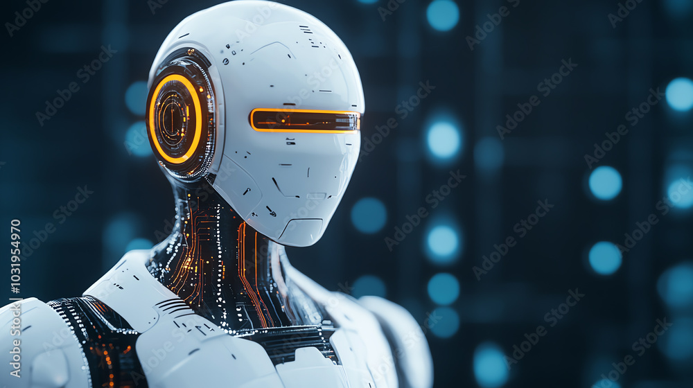 Close-up of a futuristic robot with glowing elements, showcasing advanced technology and design, against a blurred digital background. Close-up of a futuristic robot with glowing elements, showcasing advanced technology and design, against a blurred digital background.