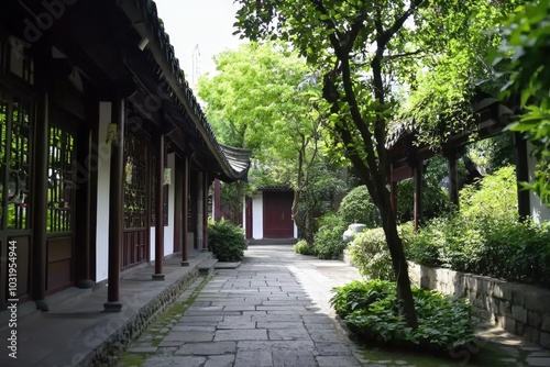 Tranquil stone pathway weaving through a serene traditional garden in the heart of summer