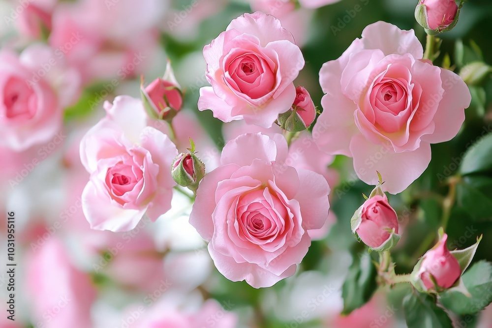 Delicate pink roses bloom gracefully in a lush garden during the warm spring season Delicate pink roses bloom gracefully in a lush garden during the warm spring season
