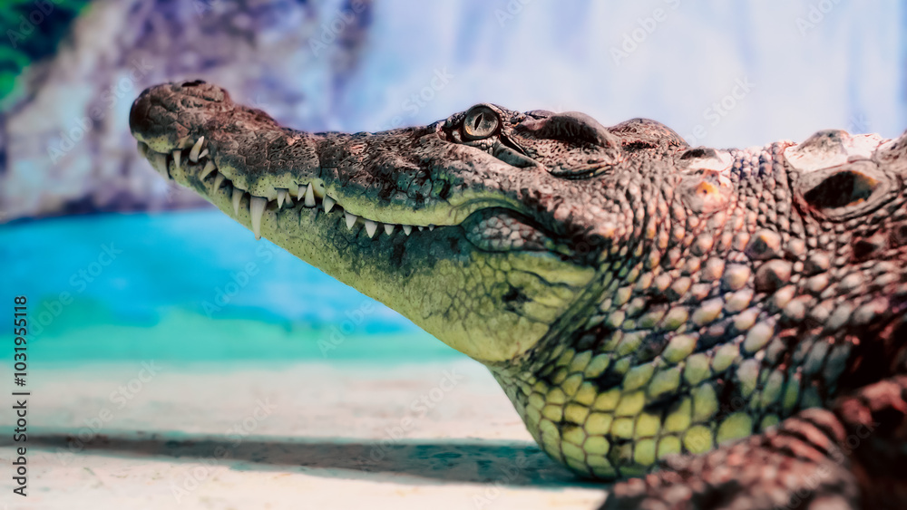 Fototapeta premium crocodile head with toothy mouth and green eye closeup