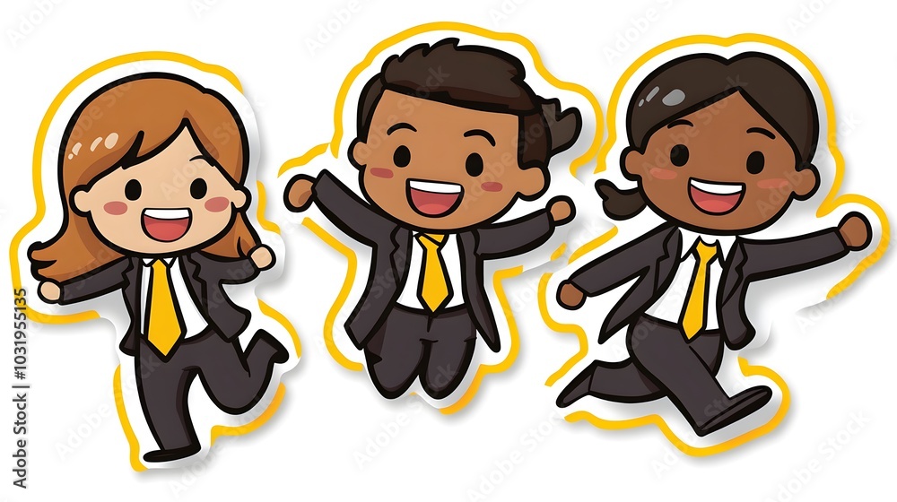 A cartoon sticker of three office workers, one male and two females, all wearing business attire and smiling while running with excitement A cartoon sticker of three office workers, one male and two females, all wearing business attire and smiling while running with excitement