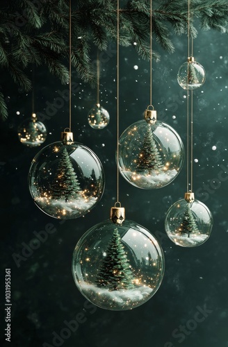 Beautiful glass ornament showcasing miniature trees and festive decorations i...
