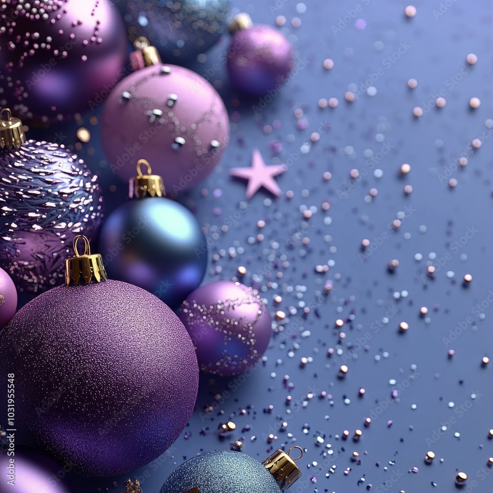 Fototapeta premium Decorative Christmas ornaments and stars arranged on a festive blue background