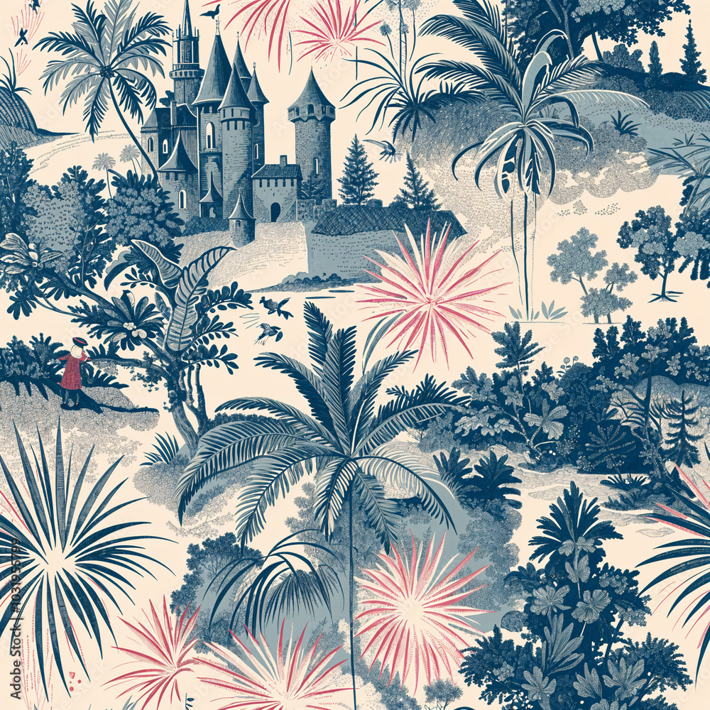 custom made wallpaper toronto digitalToile De Jouy Vintage blue and pink color, new year, fireworks scenes, Seamless Pattern