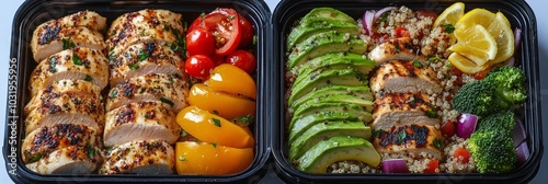 Healthy grilled chicken meal prep with quinoa, fresh vegetables, and vibrant ...