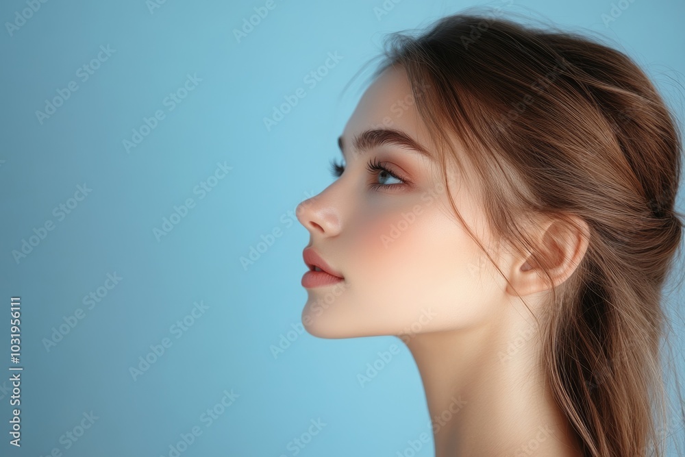 Young woman after rhinoplasty operation with perfect nose profile, posing on blue studio background, side view shot, Generative AI Young woman after rhinoplasty operation with perfect nose profile, posing on blue studio background, side view shot, Generative AI