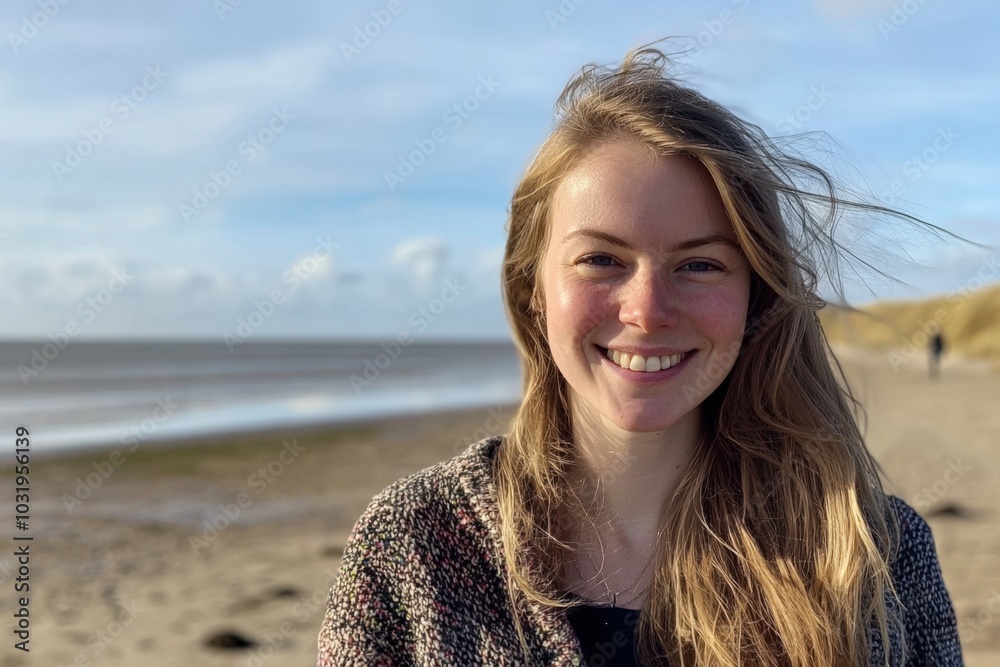 A joyful woman smiles at the beach with ocean waves and distant dunes under a clear sky A joyful woman smiles at the beach with ocean waves and distant dunes under a clear sky