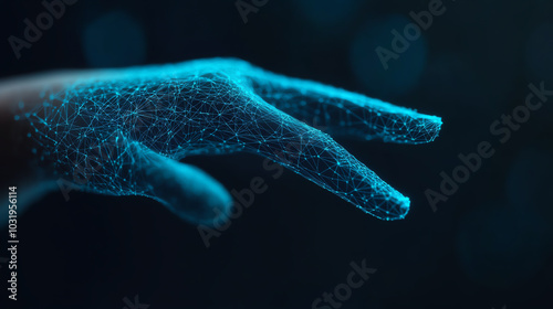 Futuristic holographic hand with glowing blue network lines against a dark background, showcasing advanced technology and digital innovation.