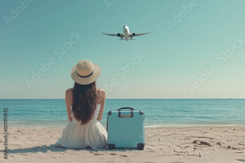 A traveler looks up at an airplane over a serene beach with a suitcase nearby...
