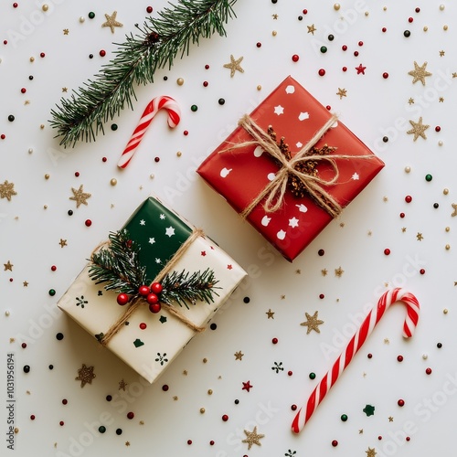 Colorful Christmas gifts arranged with festive decorations and a candy cane o...
