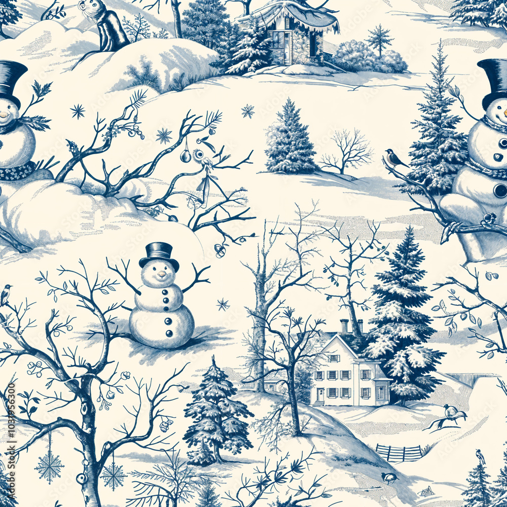 Fototapeta premium winter snow scene old christmas vintage semaless pattern Toile De Jouy decor