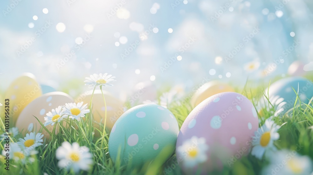 Easter eggs and flowers on a pastel blue background, symbolizing springtime celebration and decoration. Easter eggs and flowers on a pastel blue background, symbolizing springtime celebration and decoration.