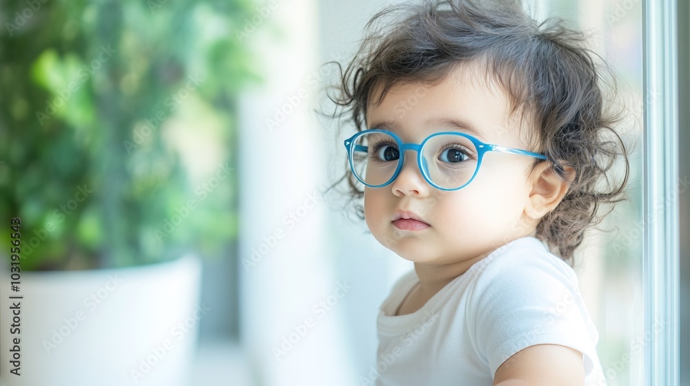 Young child wearing blue glasses focusing on distant tree outside window, symbolizing myopia prevention and importance of outdoor activities. Young child wearing blue glasses focusing on distant tree outside window, symbolizing myopia prevention and importance of outdoor activities.