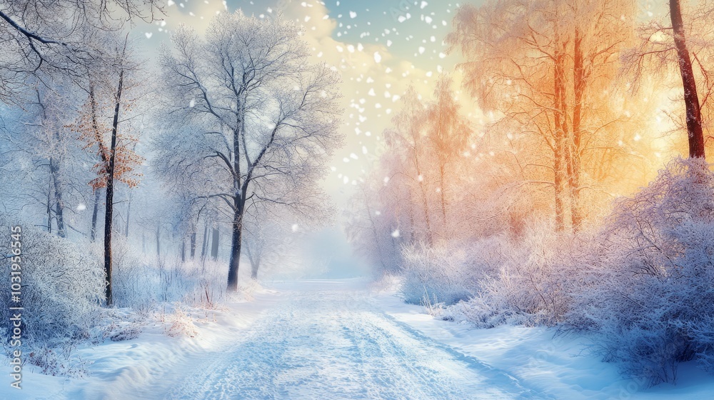 Serene winter landscape on a snowy day with frost-covered trees and a crisp white blanket of snow covering the rolling hills, capturing the tranquil beauty of nature in the cold season with clear blue Serene winter landscape on a snowy day with frost-covered trees and a crisp white blanket of snow covering the rolling hills, capturing the tranquil beauty of nature in the cold season with clear blue