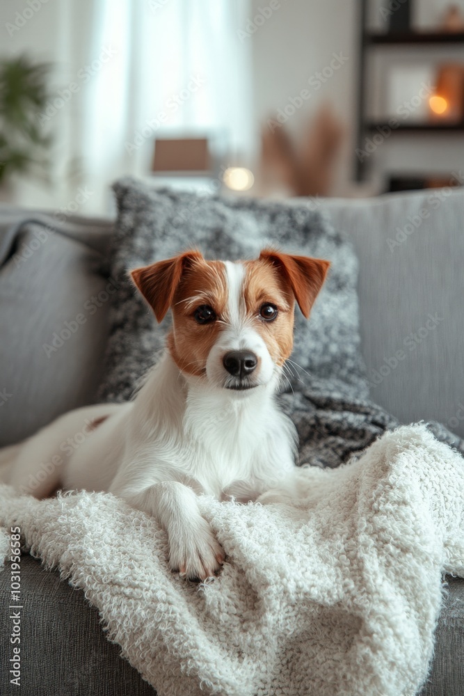 Cute small dog sitting on a gray couch indoors with a relaxed expression and soft fur Cute small dog sitting on a gray couch indoors with a relaxed expression and soft fur