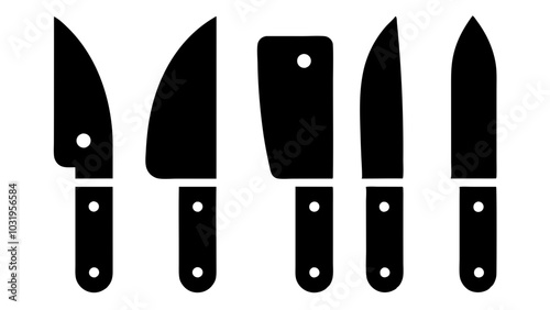 Five black silhouette knives are arranged in a row