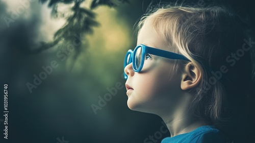 Young child wearing blue glasses focusing on distant tree outside window, symbolizing myopia prevention and importance of outdoor activities.