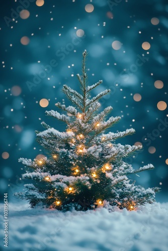 Charming snow covered evergreen tree adorned with lights during a snowy winte...