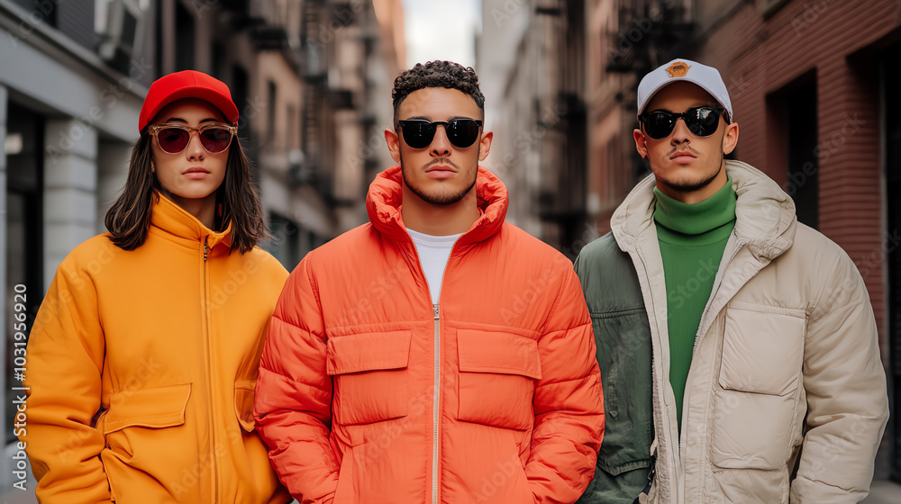 Three stylish individuals standing together on a city street, wearing colorful puffer jackets and sunglasses, embodying urban fashion and camaraderie.