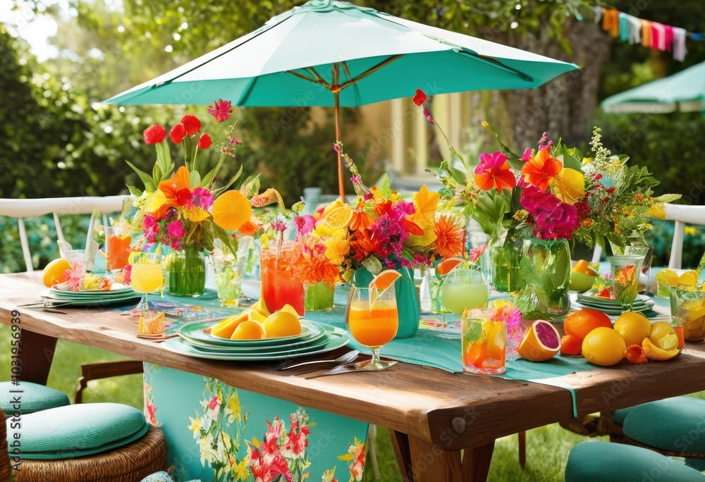 Obraz premium vibrant cocktail garnishes placed colorful summer table lively decor refreshing beverages, drinks, orange, lemon, berry, mint, glass, ice, fruit, plate