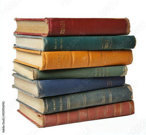 A stack of vintage books featuring colorful covers, resting on a clean white ...