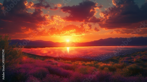 Vibrant Sunset over Expansive Solar Farm Reflecting Orange and Purple Skies