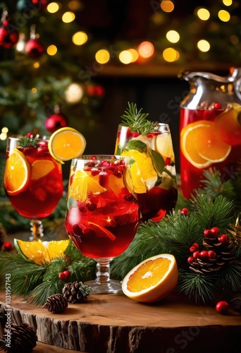 charming display festively arranged glassware featuring seasonal beverages colorful garnishes joyful holiday setting, drink, cocktail, wine, cup, mug