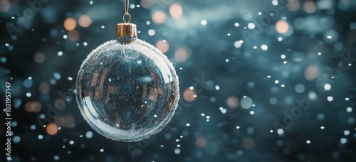 A clear ornament hanging from a string surrounded by falling snowflakes in so...