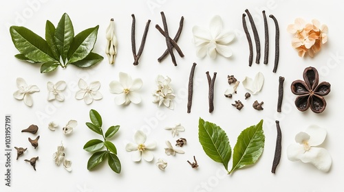 Wallpaper Mural Vanilla blossoms and pods alongside their accompanying foliage stand isolated against a pristine backdrop of white.  Torontodigital.ca