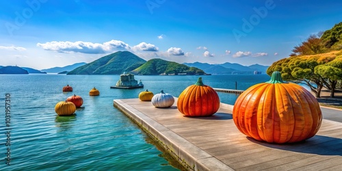 Minimalist Photography of Naoshima Island's Iconic Pumpkin Sculpture During Setouchi Art Triennale, Kagawa Prefecture, Japan, 6th May 2024 â€“ A Serene Artistic Landscape photo