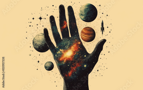 A hand, filled with planets and stars symbolizing the universe, is depicted in a vintage-style clipart on a beige background.