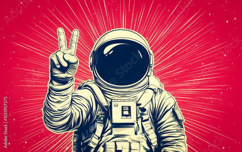 An astronaut in a space suit, showing a victory sign, is featured in a pop art retro poster design with copy space.