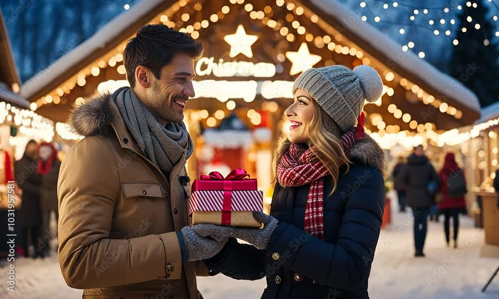 A joyful couple exchanges a gift in a festive, snow-covered setting with lights and decorations. A joyful couple exchanges a gift in a festive, snow-covered setting with lights and decorations.