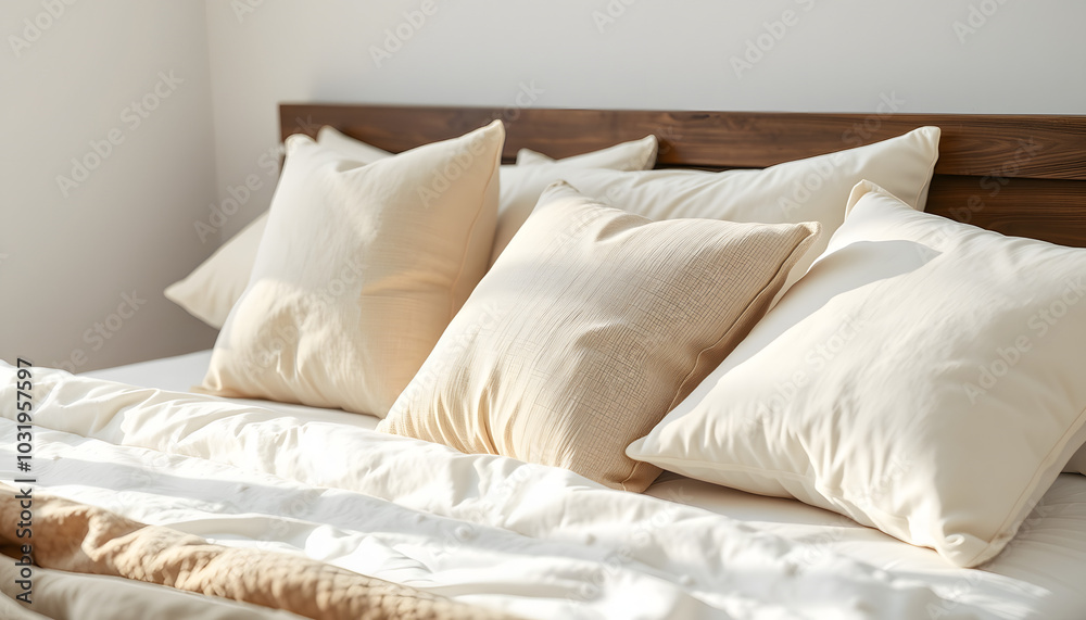 Many soft pillows on bed at home, closeup isolated with white highlights, png Many soft pillows on bed at home, closeup isolated with white highlights, png