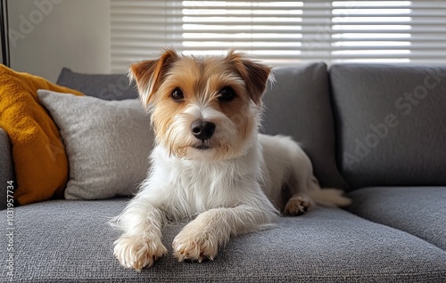 A playful dog relaxing on a cozy couch in a bright, sunlit living room